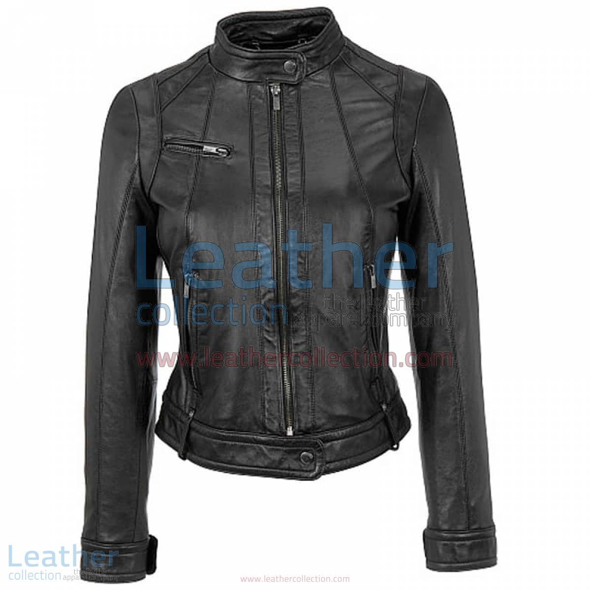 Banded Collar Washed Leather Scuba Jacket in Black