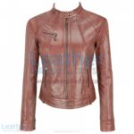 Banded Collar Washed Leather Scuba Jacket in Brown | leather scuba jacket