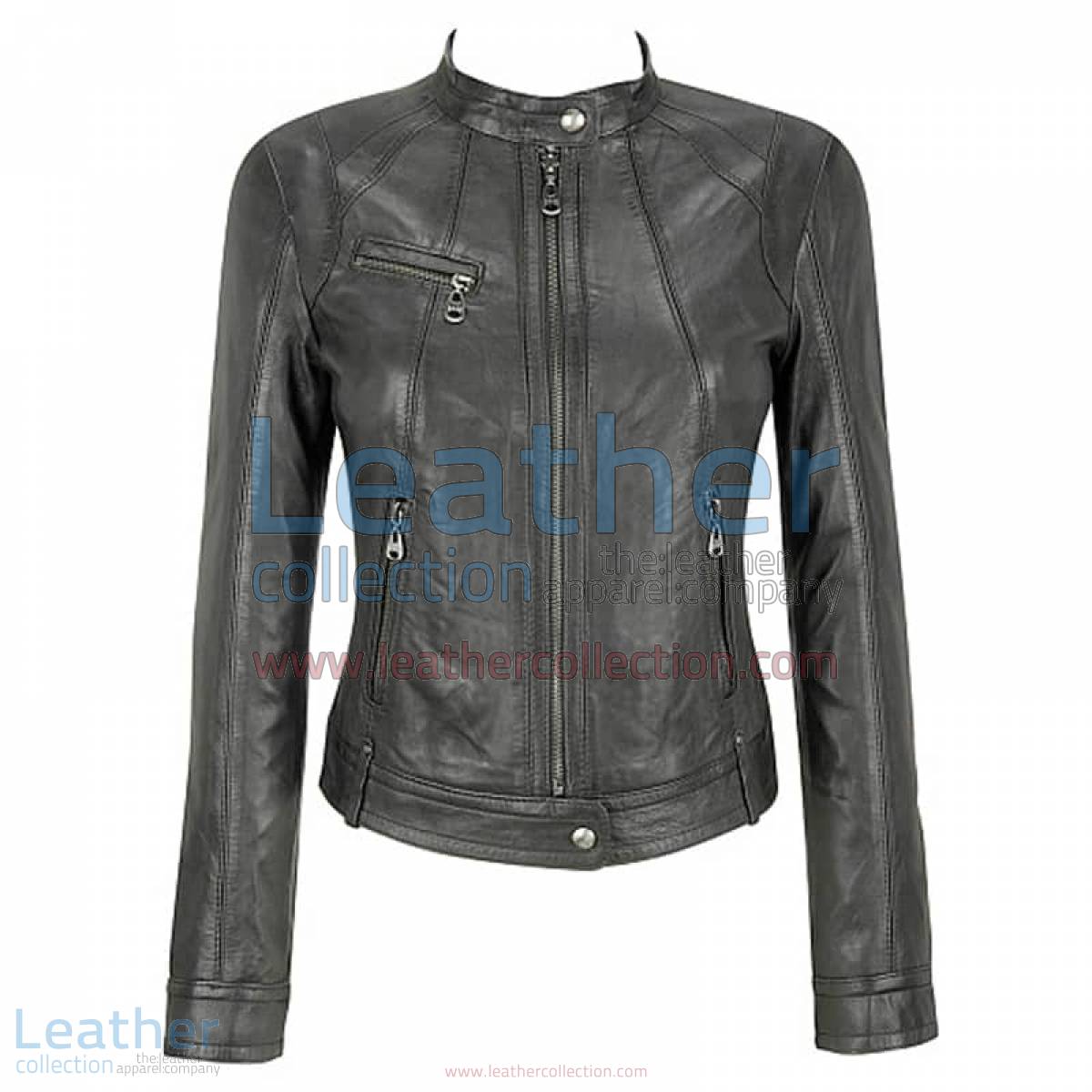 Banded Collar Washed Leather Scuba Jacket in Gray