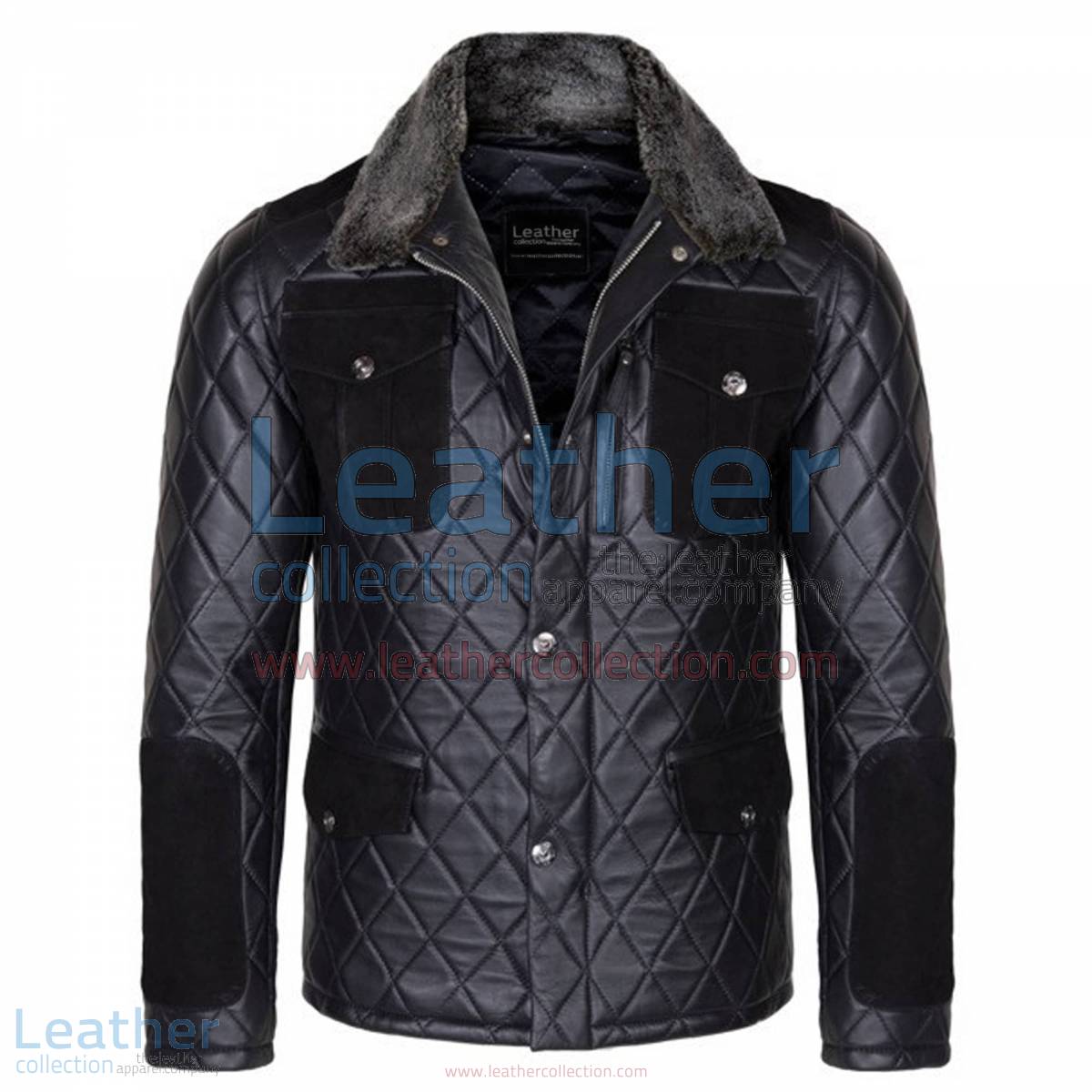 Diamond Leather Jacket with Fur Collar & Flapped Pockets