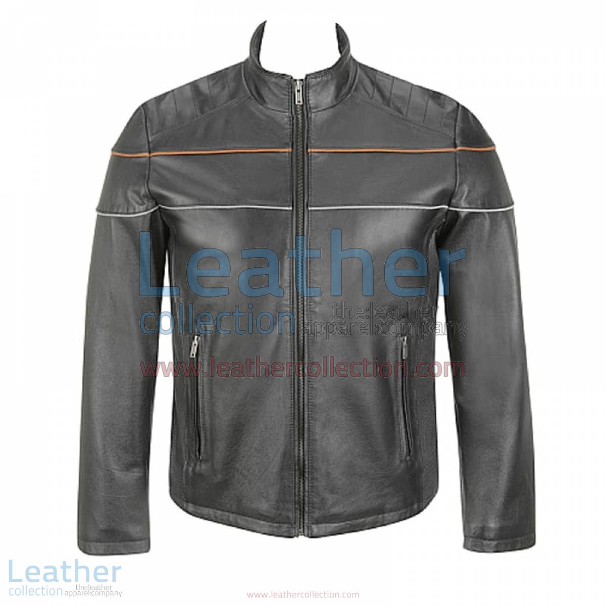 Leather Moto Jacket with Piping on Chest