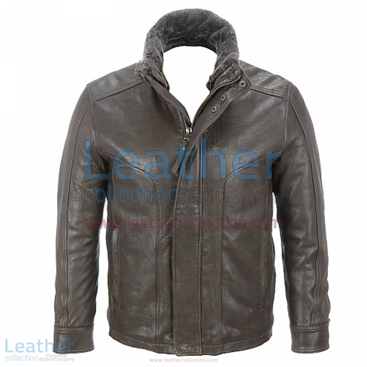 Rugged Leather Jacket with Removable Shearling Collar