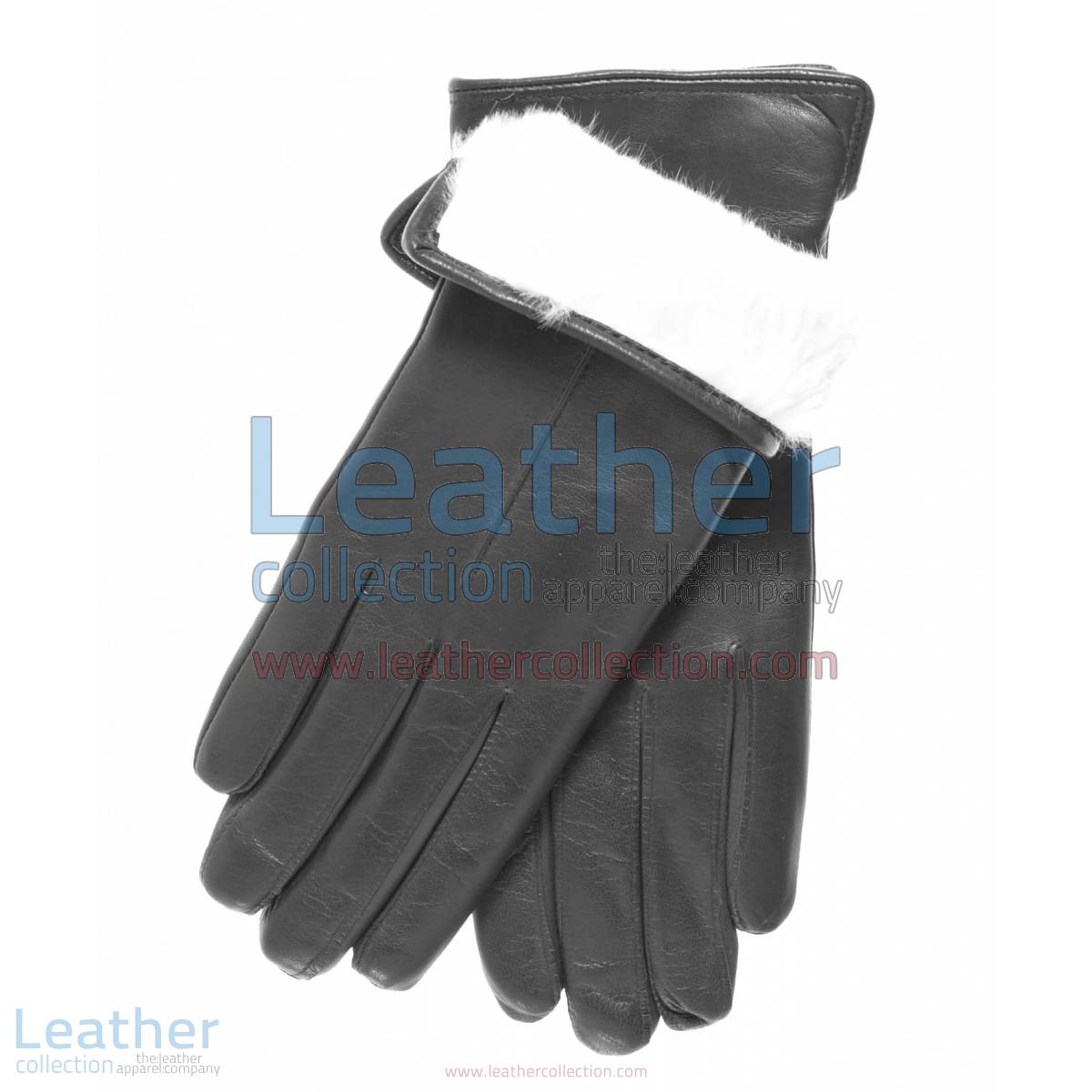 White Fur Lined Black Leather Gloves