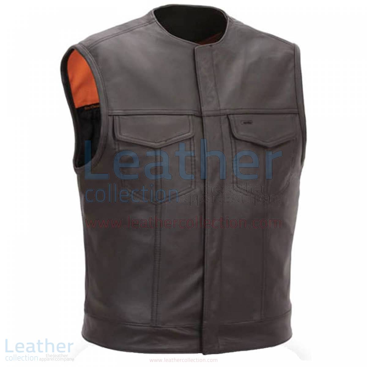 Men Leather Vest with Concealed Snap Front Closure